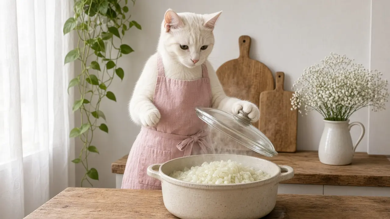 A cream-coloured cat in a pink apron, cooking this dish