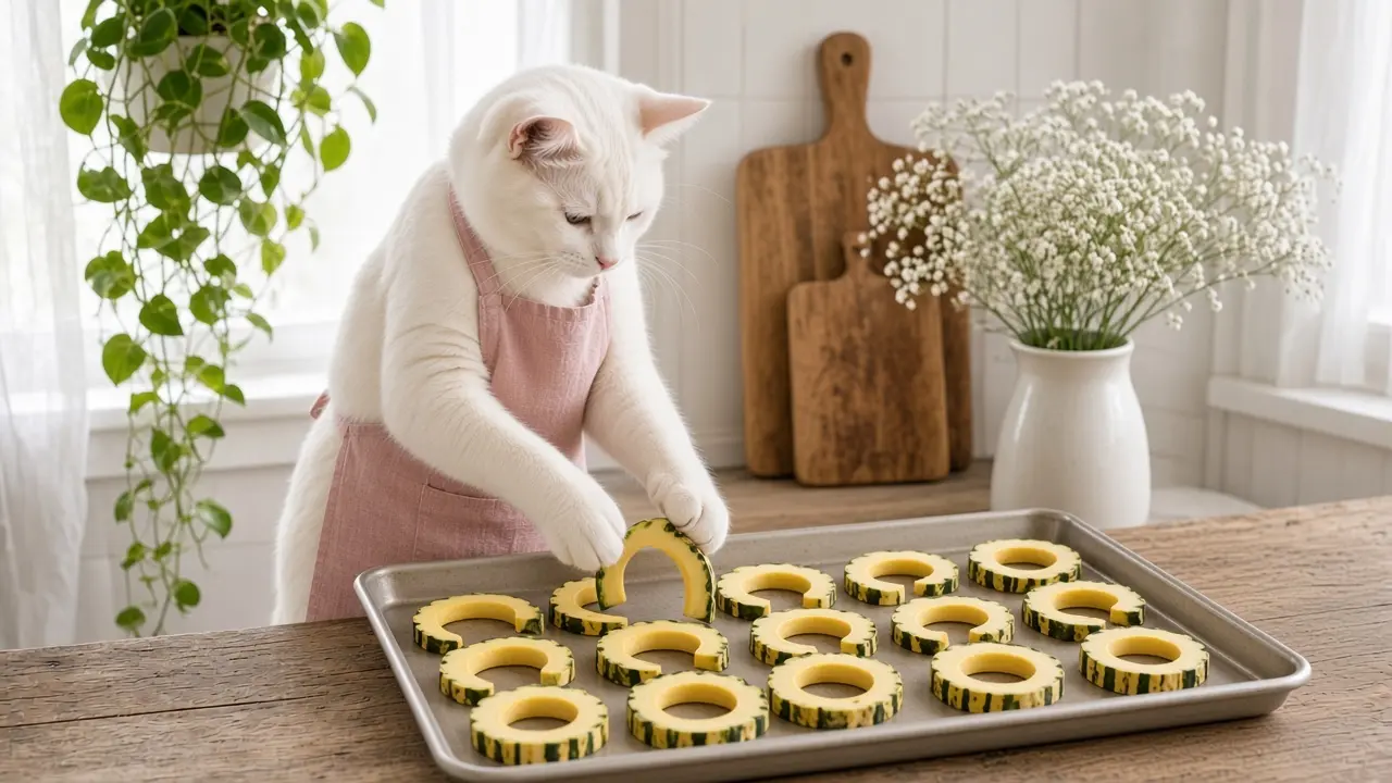 A cream-coloured cat in a pink apron, cooking this dish