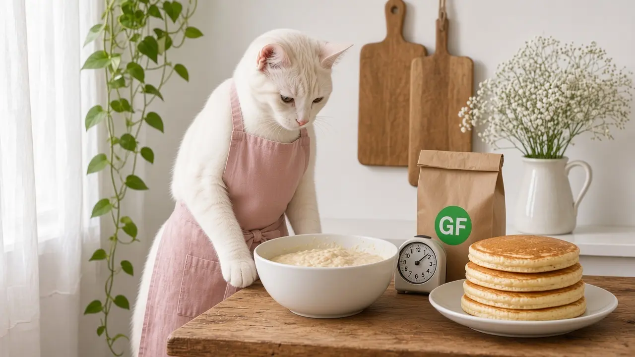 A cream-coloured cat in a pink apron, cooking this dish