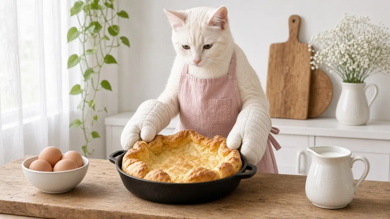 A cream-coloured cat in a pink apron, cooking this dish
