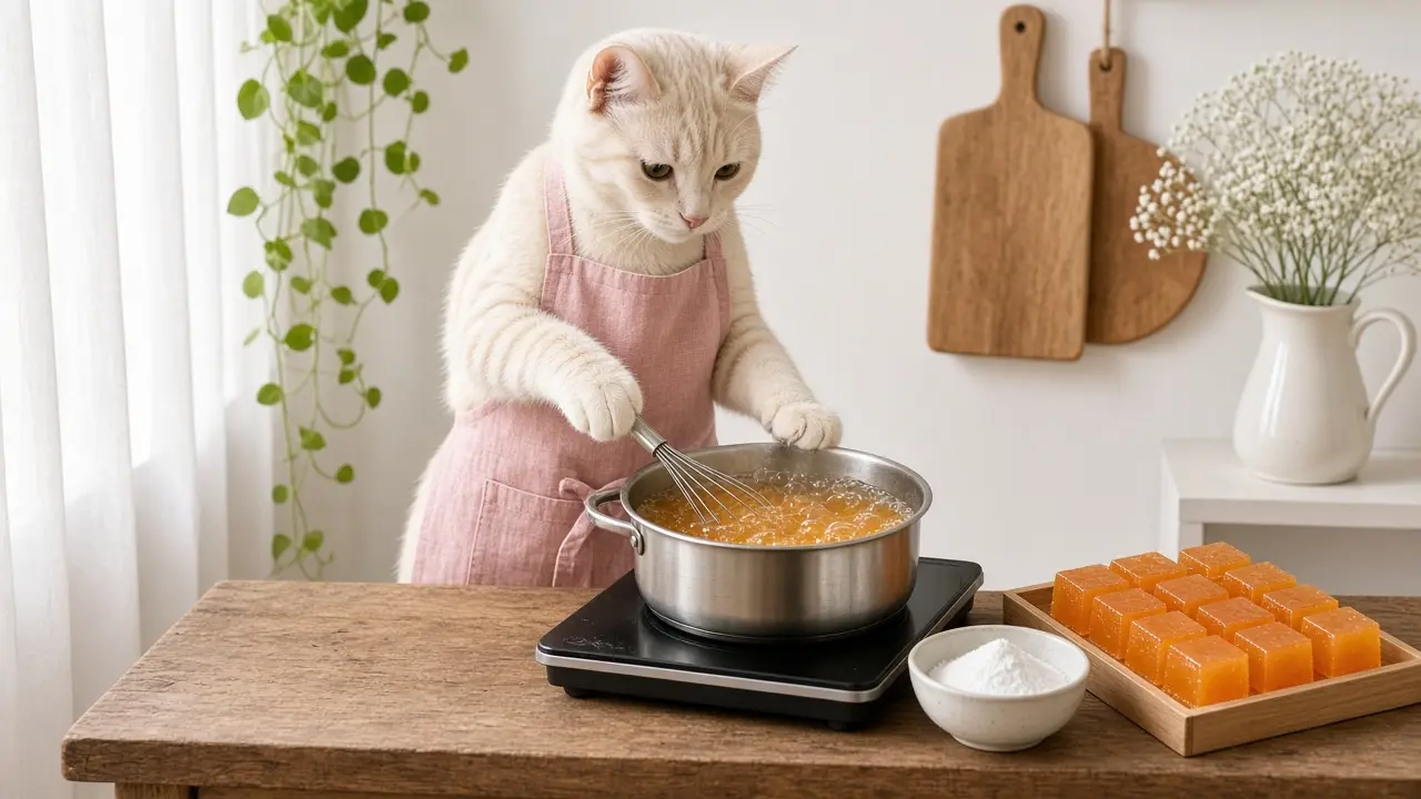 A cream-coloured cat in a pink apron, cooking this dish