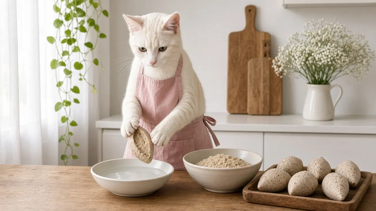 A cream-coloured cat in a pink apron, cooking this dish