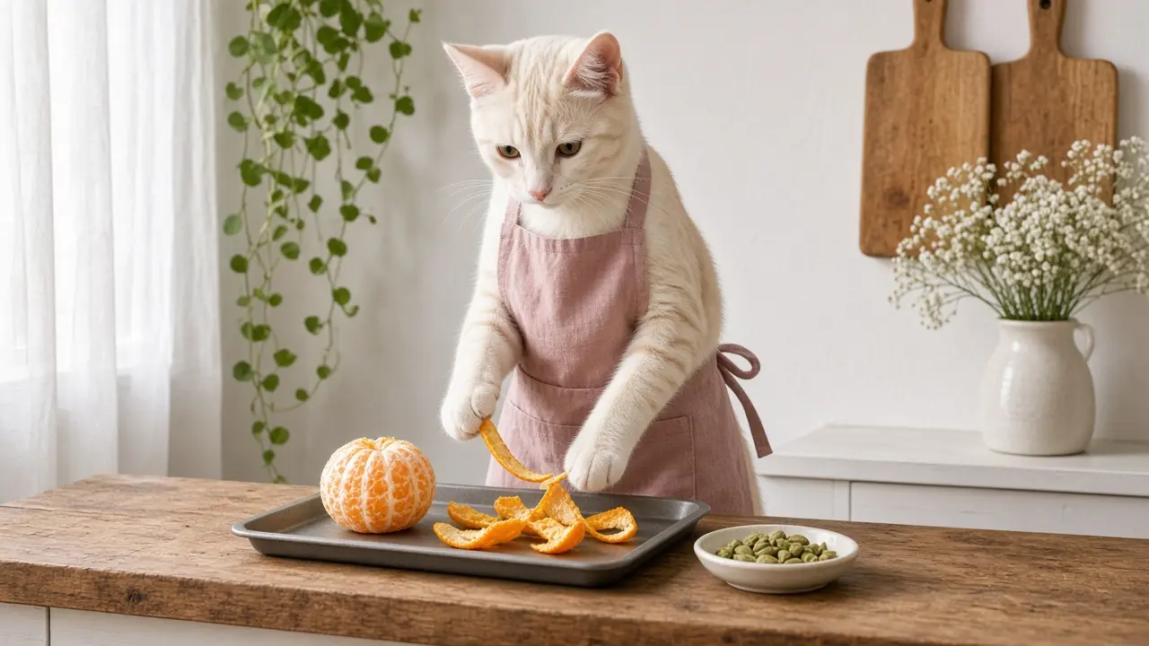 A cream-coloured cat in a pink apron, cooking this dish