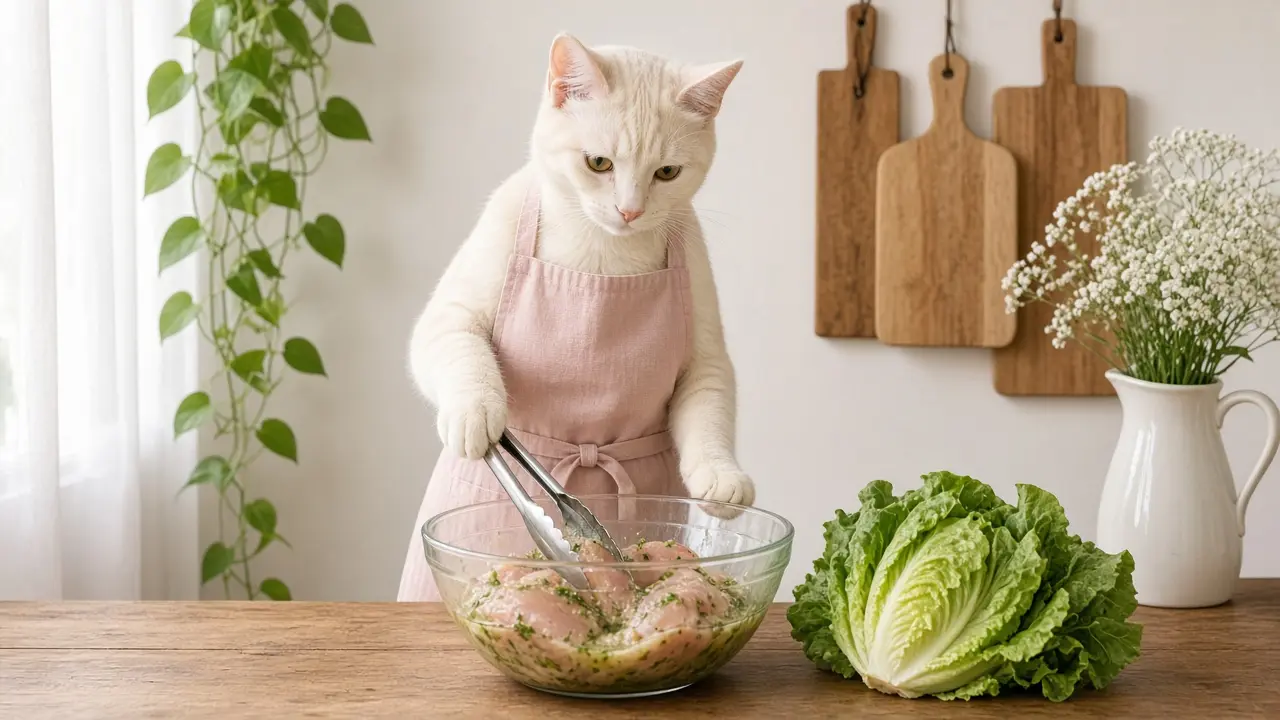 A cream-coloured cat in a pink apron, cooking this dish