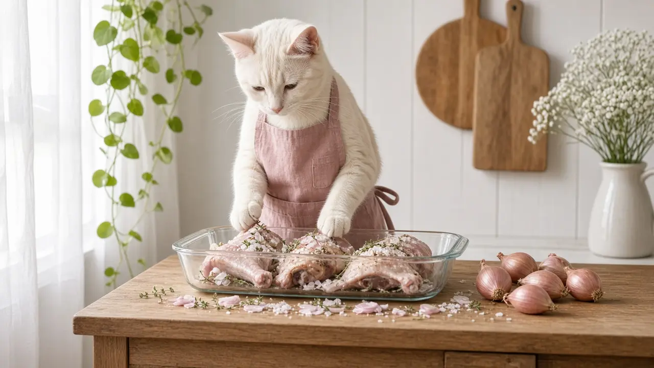 A cream-coloured cat in a pink apron, cooking this dish