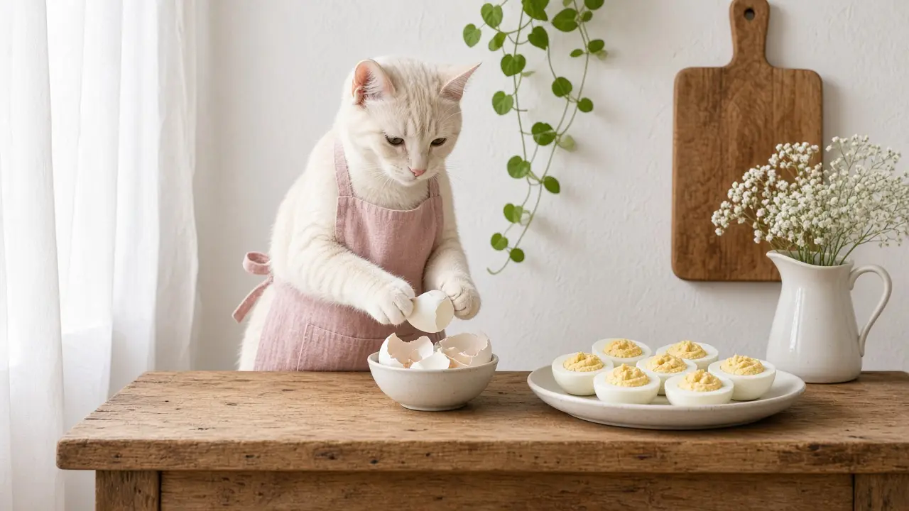 A cream-coloured cat in a pink apron, cooking this dish