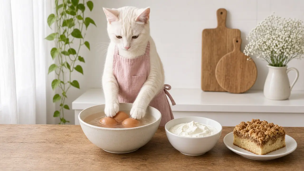 A cream-coloured cat in a pink apron, cooking this dish