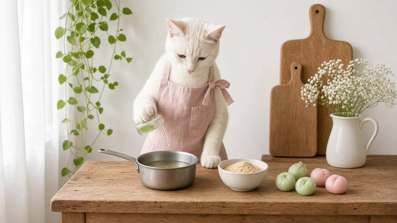 A cream-coloured cat in a pink apron, cooking this dish