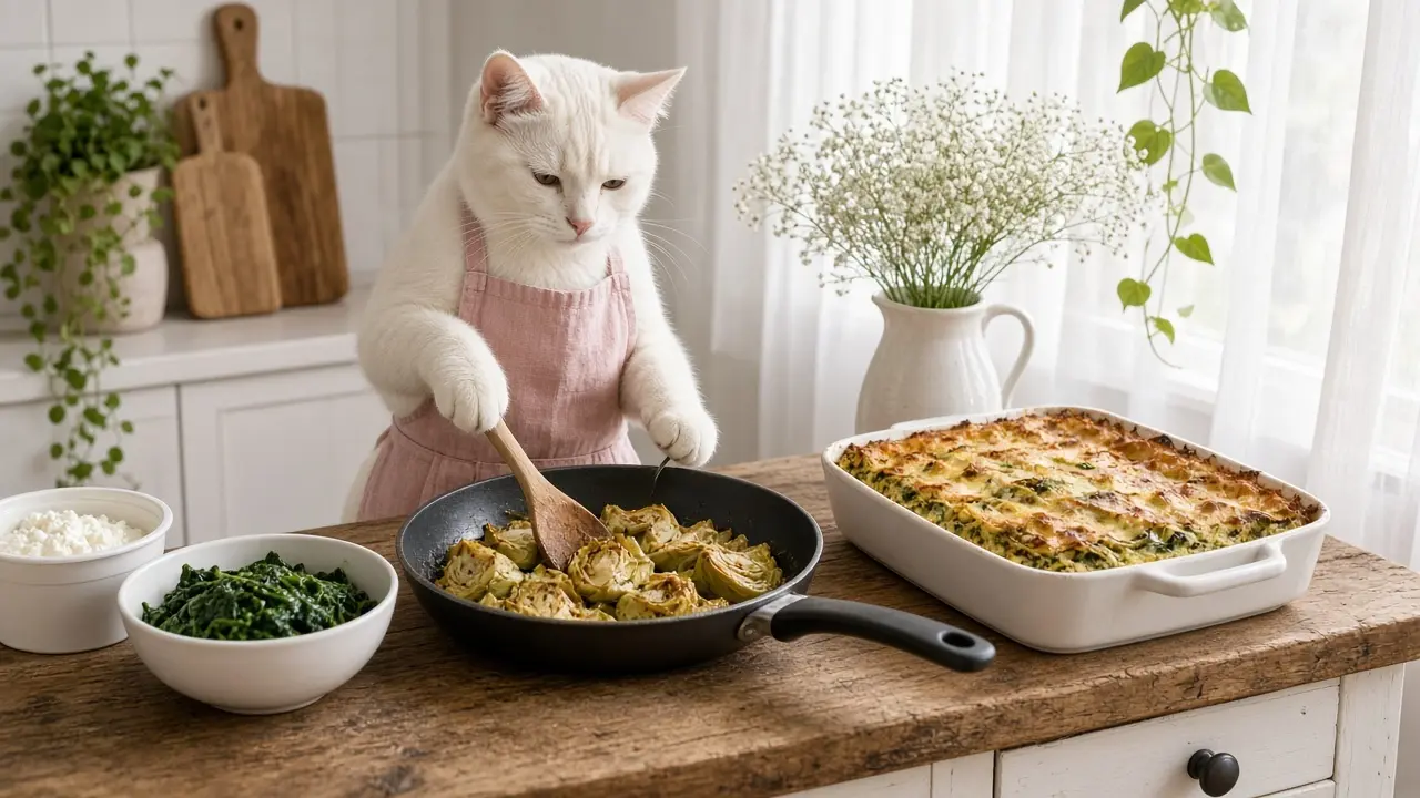 A cream-coloured cat in a pink apron, cooking this dish