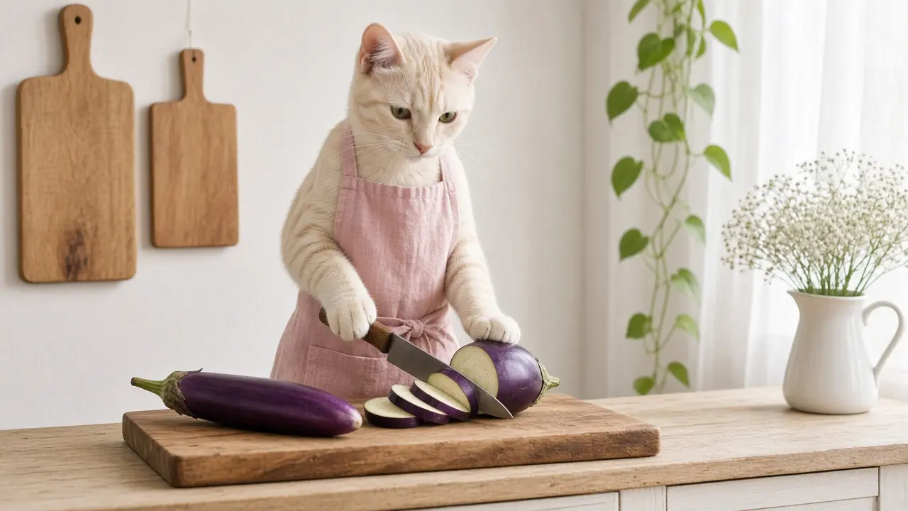 A cream-coloured cat in a pink apron, cooking this dish