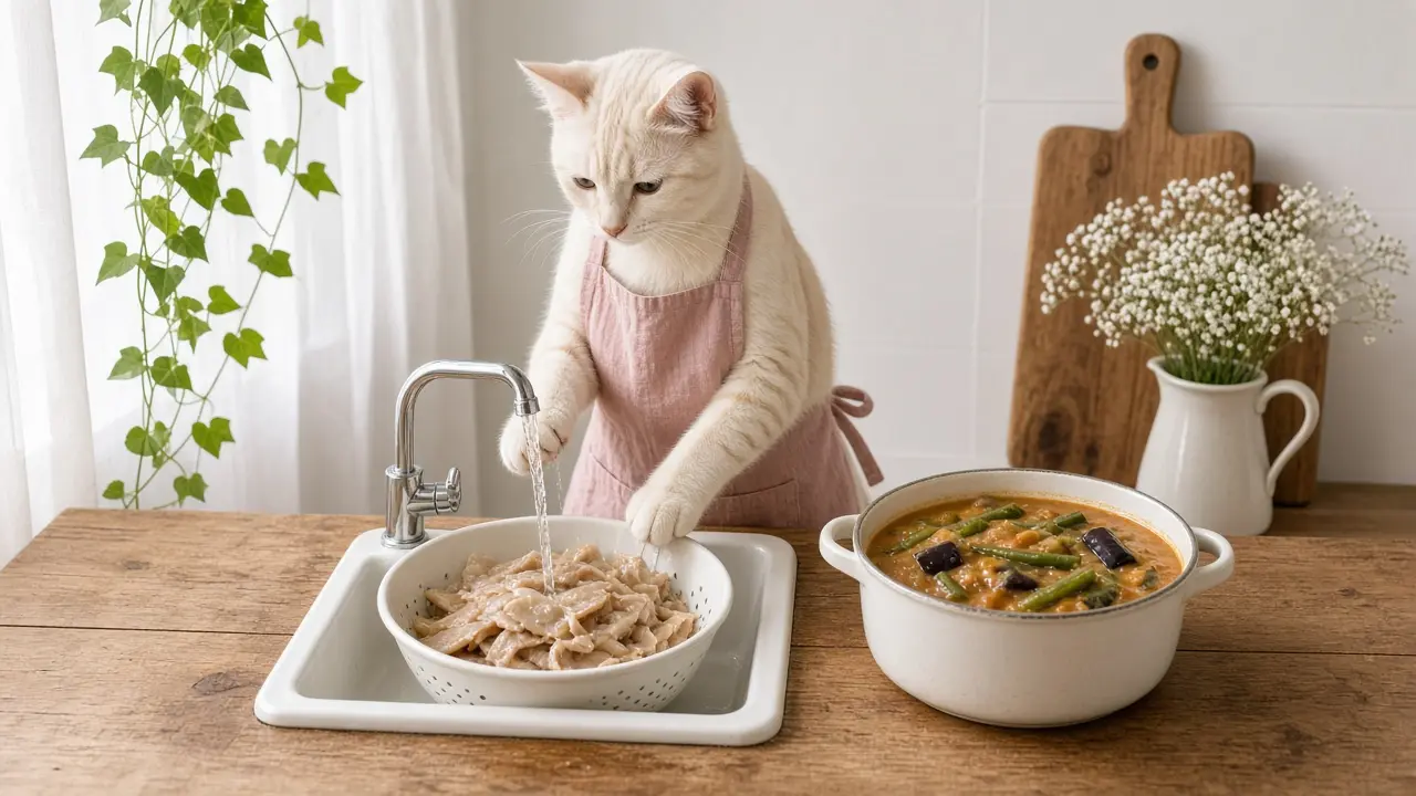A cream-coloured cat in a pink apron, cooking this dish