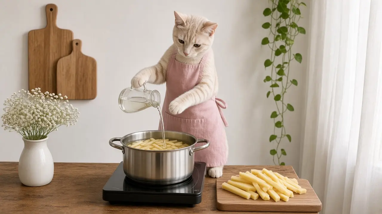 A cream-coloured cat in a pink apron, cooking this dish