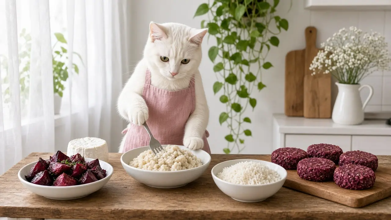 A cream-coloured cat in a pink apron, cooking this dish