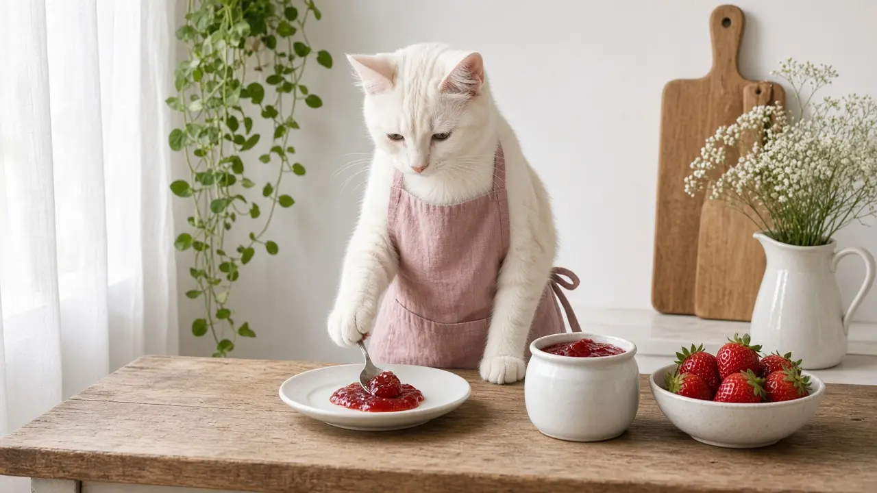 A cream-coloured cat in a pink apron, cooking this dish