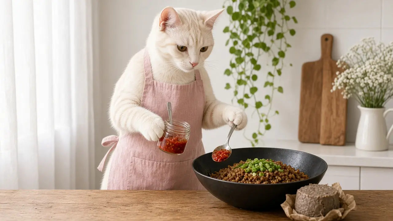 A cream-coloured cat in a pink apron, cooking this dish