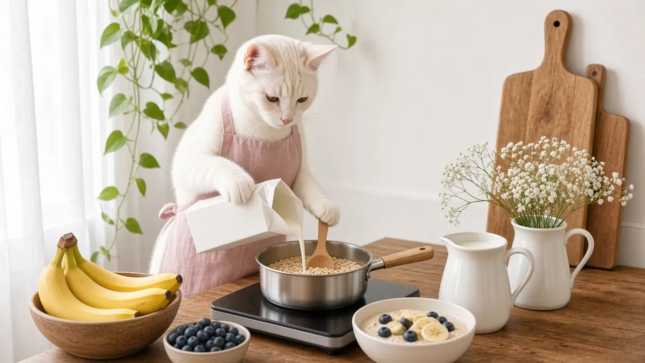 A cream-coloured cat in a pink apron, cooking this dish