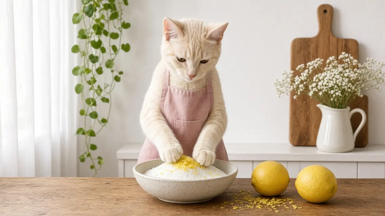 A cream-coloured cat in a pink apron, cooking this dish