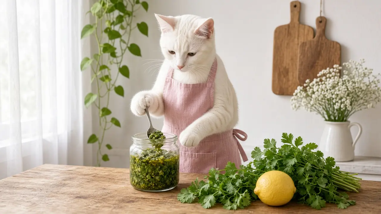 A cream-coloured cat in a pink apron, cooking this dish