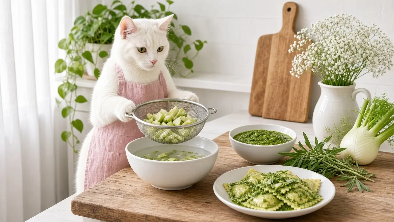 A cream-coloured cat in a pink apron, cooking this dish