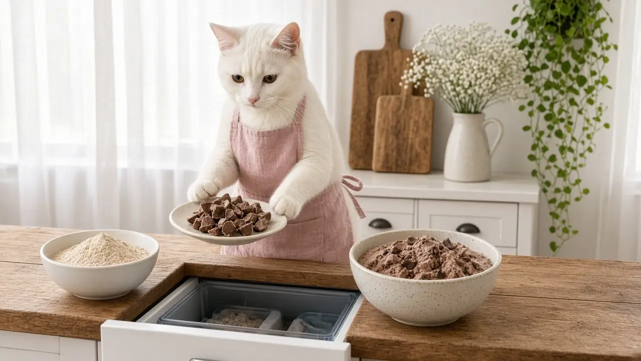 A cream-coloured cat in a pink apron, cooking this dish