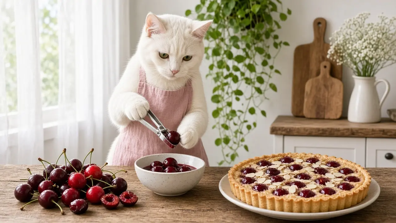 A cream-coloured cat in a pink apron, cooking this dish