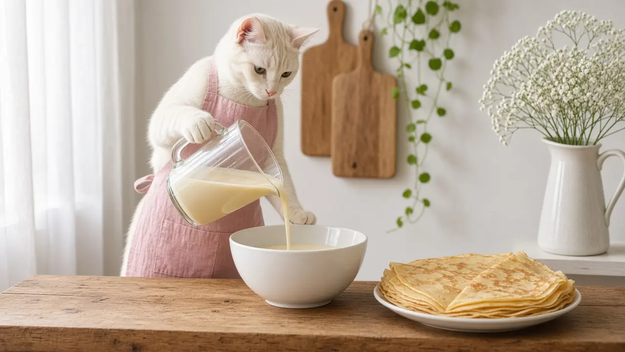 A cream-coloured cat in a pink apron, cooking this dish