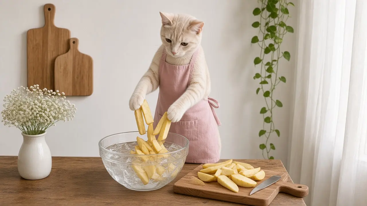 A cream-coloured cat in a pink apron, cooking this dish