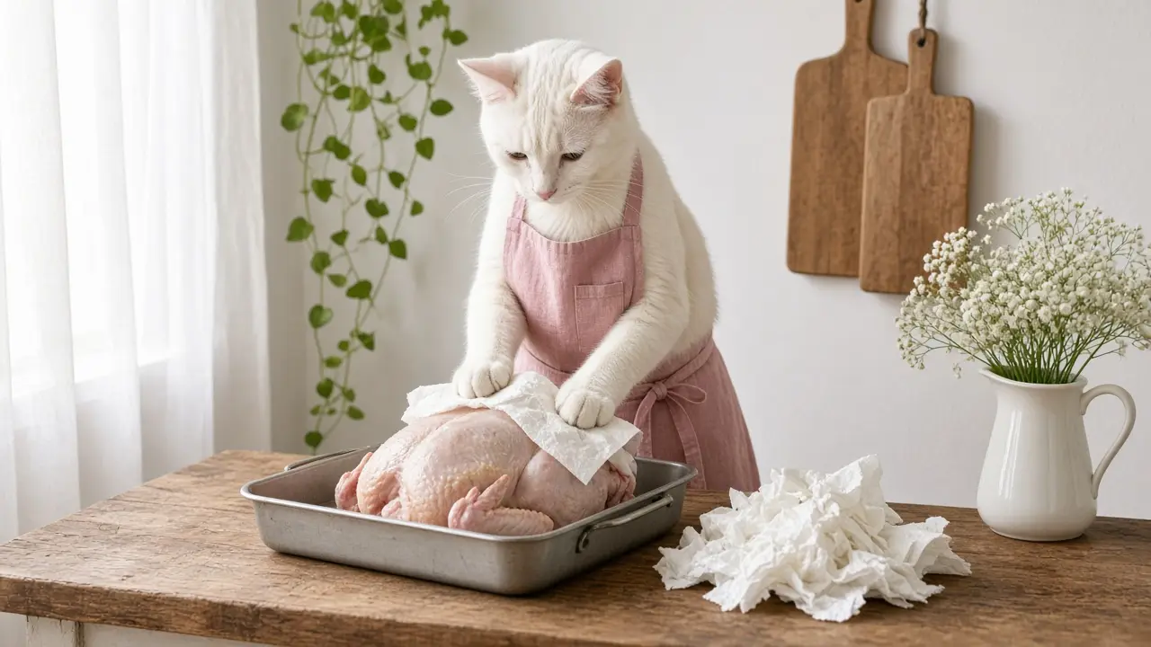 A cream-coloured cat in a pink apron, cooking this dish