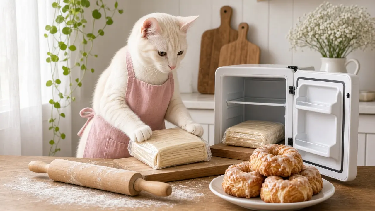 A cream-coloured cat in a pink apron, cooking this dish