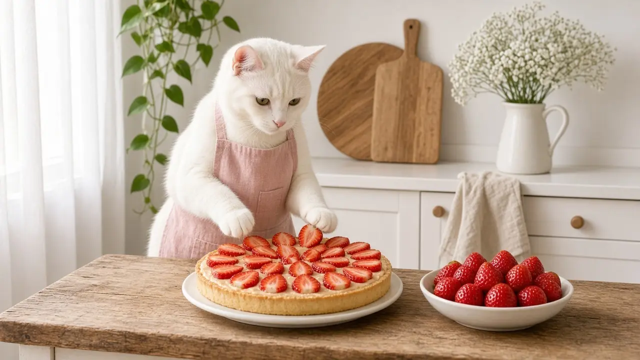 A cream-coloured cat in a pink apron, cooking this dish