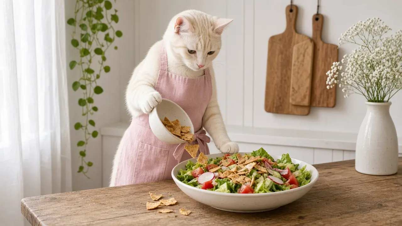 A cream-coloured cat in a pink apron, cooking this dish
