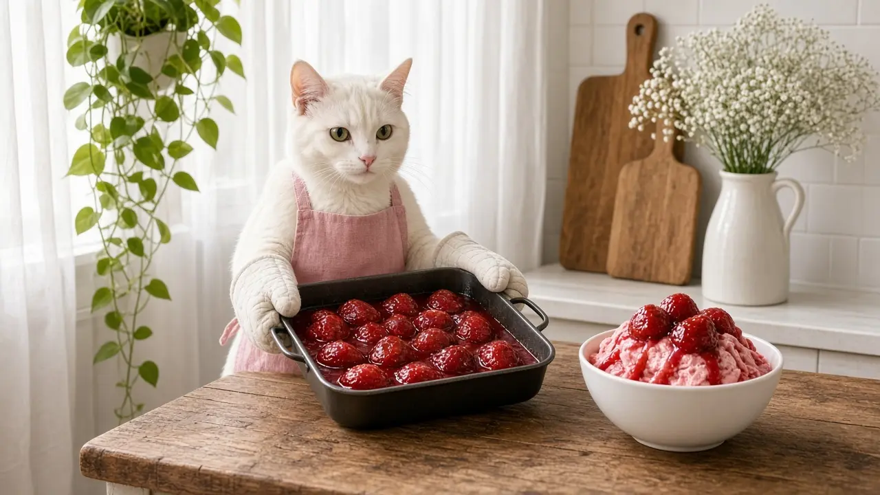 A cream-coloured cat in a pink apron, cooking this dish