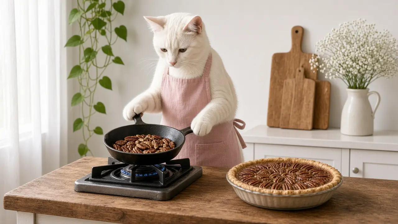 A cream-coloured cat in a pink apron, cooking this dish