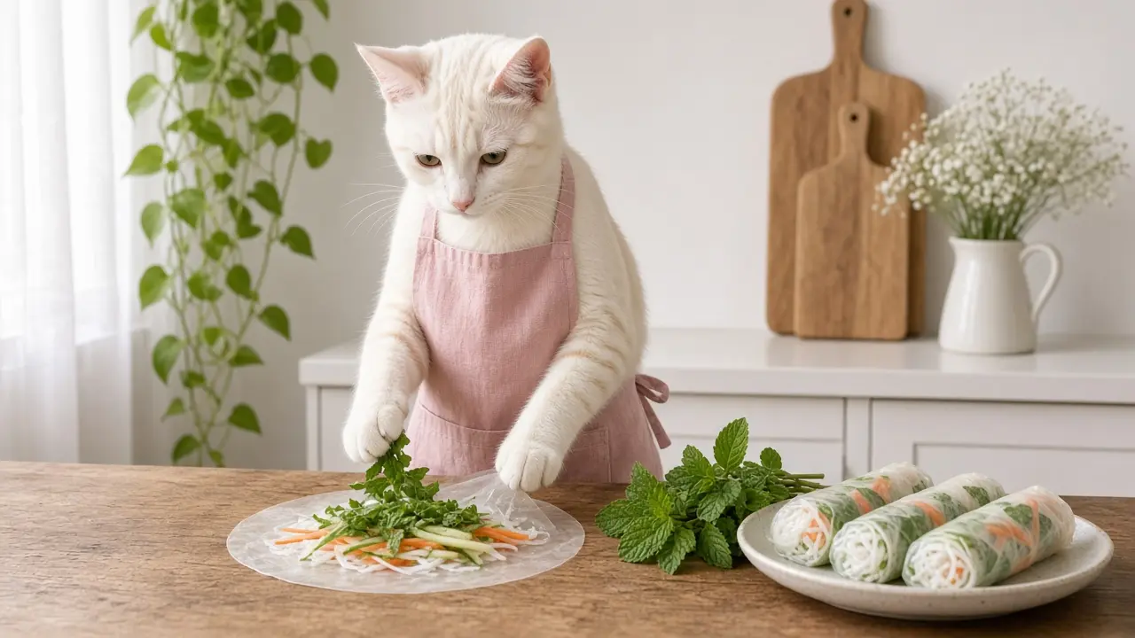 A cream-coloured cat in a pink apron, cooking this dish