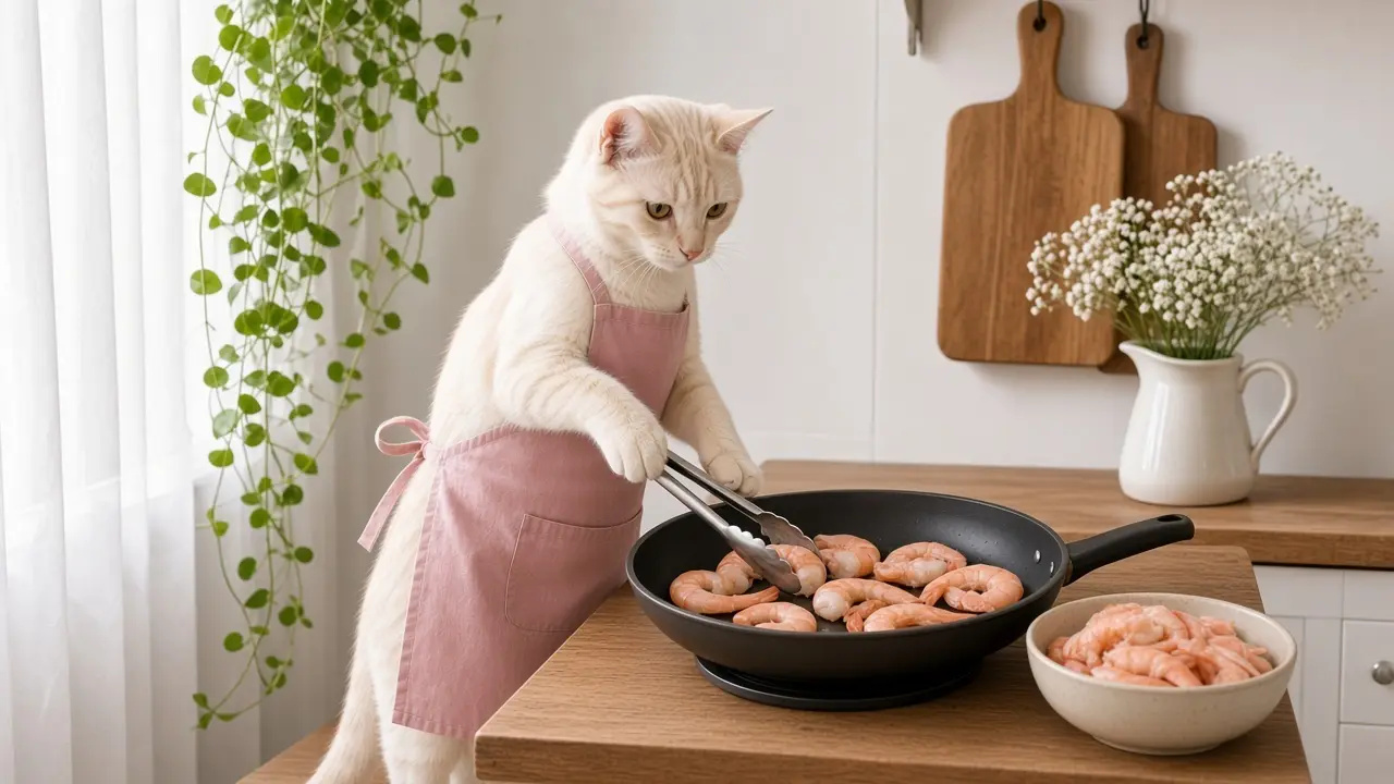A cream-coloured cat in a pink apron, cooking this dish