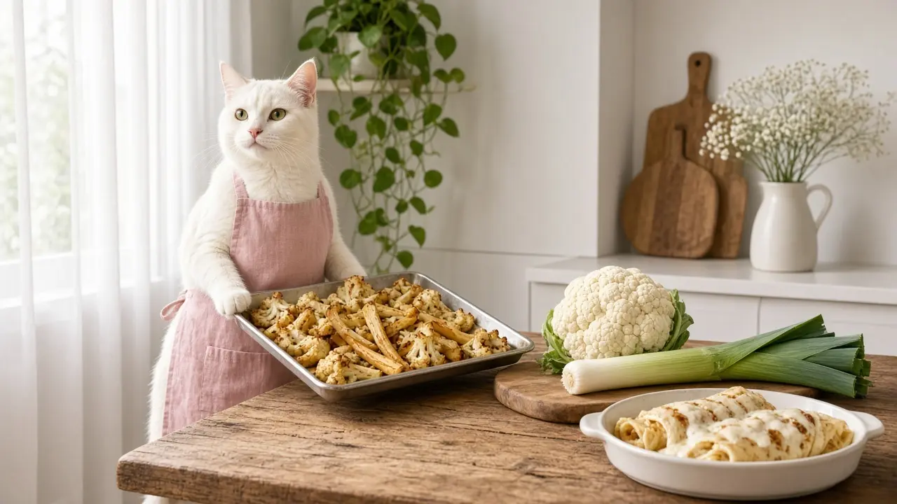 A cream-coloured cat in a pink apron, cooking this dish