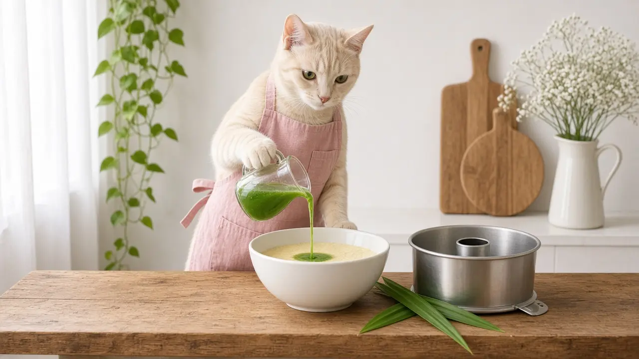A cream-coloured cat in a pink apron, cooking this dish