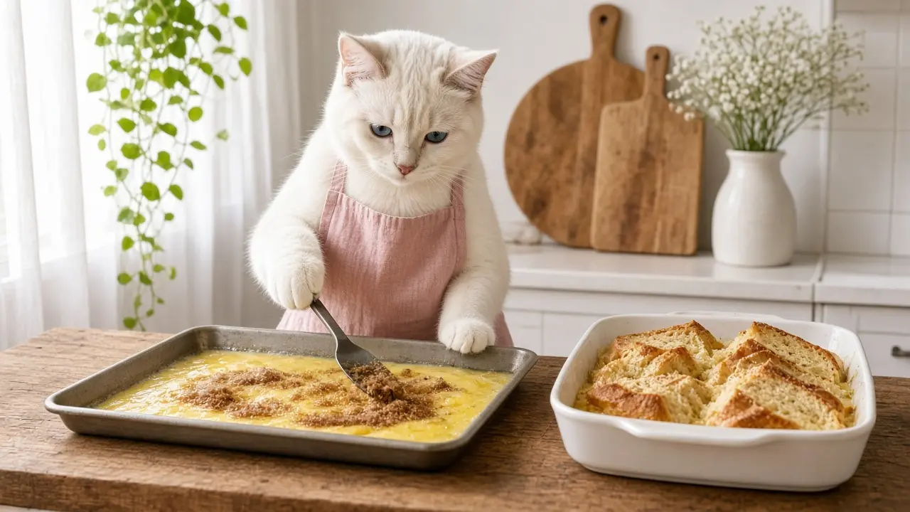 A cream-coloured cat in a pink apron, cooking this dish