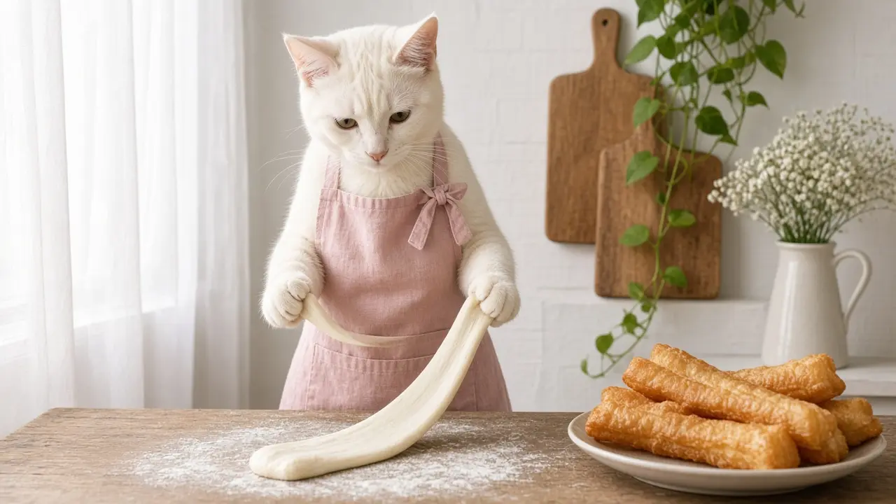 A cream-coloured cat in a pink apron, cooking this dish