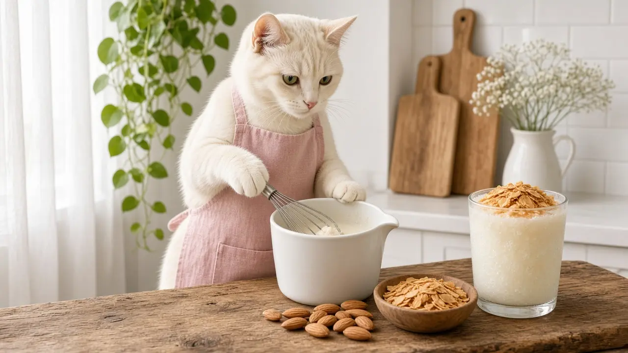 A cream-coloured cat in a pink apron, cooking this dish