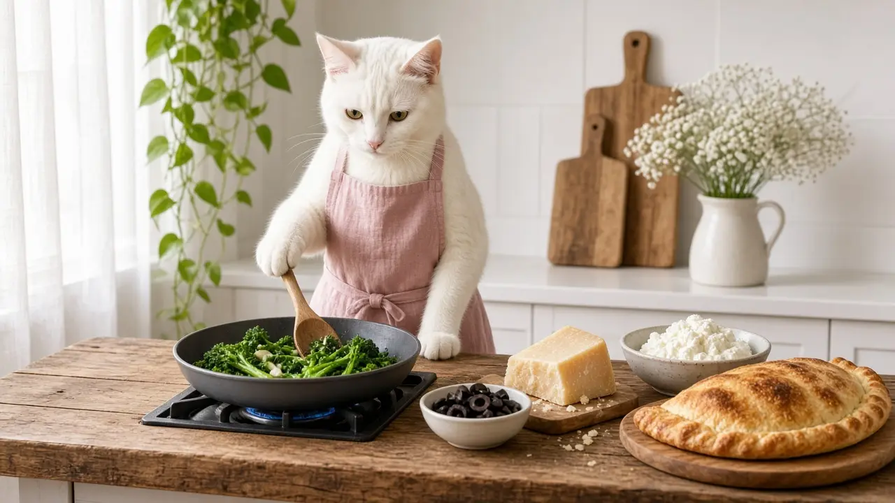 A cream-coloured cat in a pink apron, cooking this dish