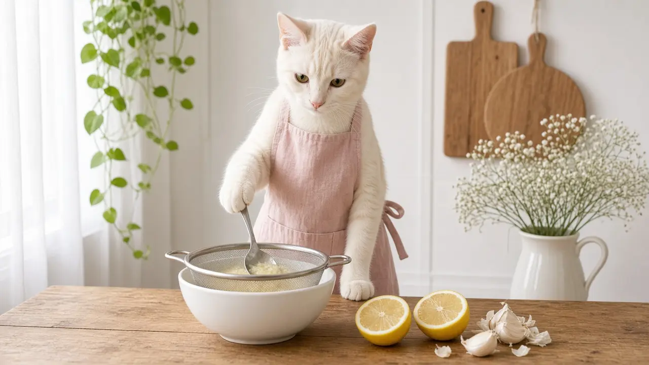 A cream-coloured cat in a pink apron, cooking this dish