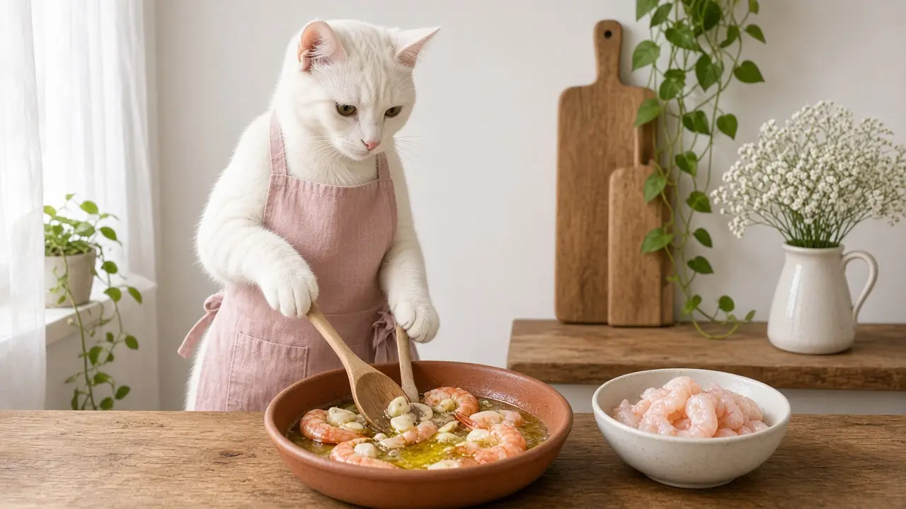 A cream-coloured cat in a pink apron, cooking this dish