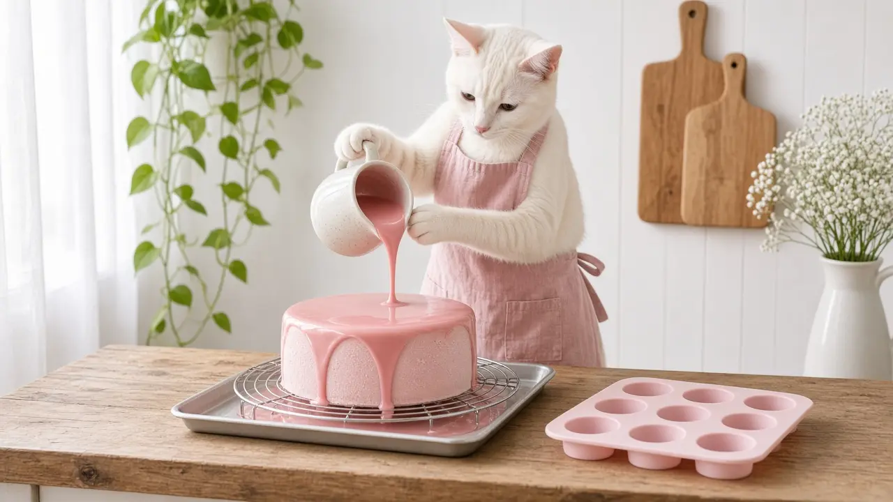 A cream-coloured cat in a pink apron, cooking this dish