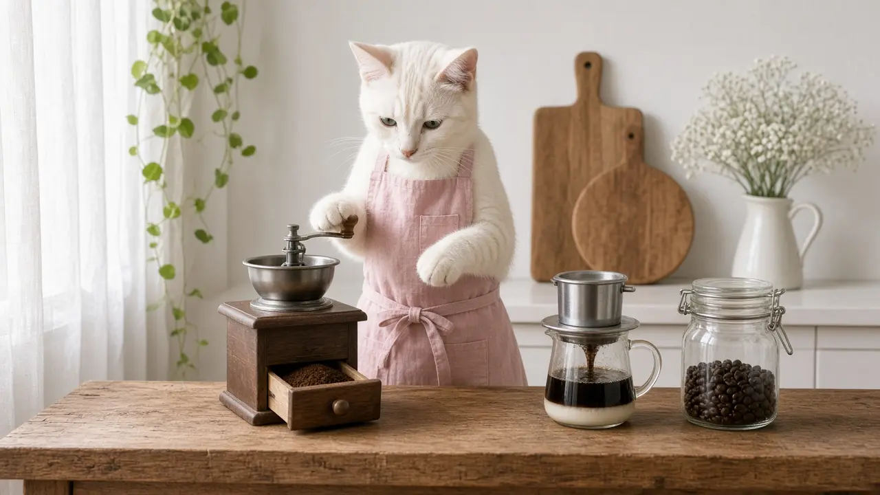 A cream-coloured cat in a pink apron, cooking this dish
