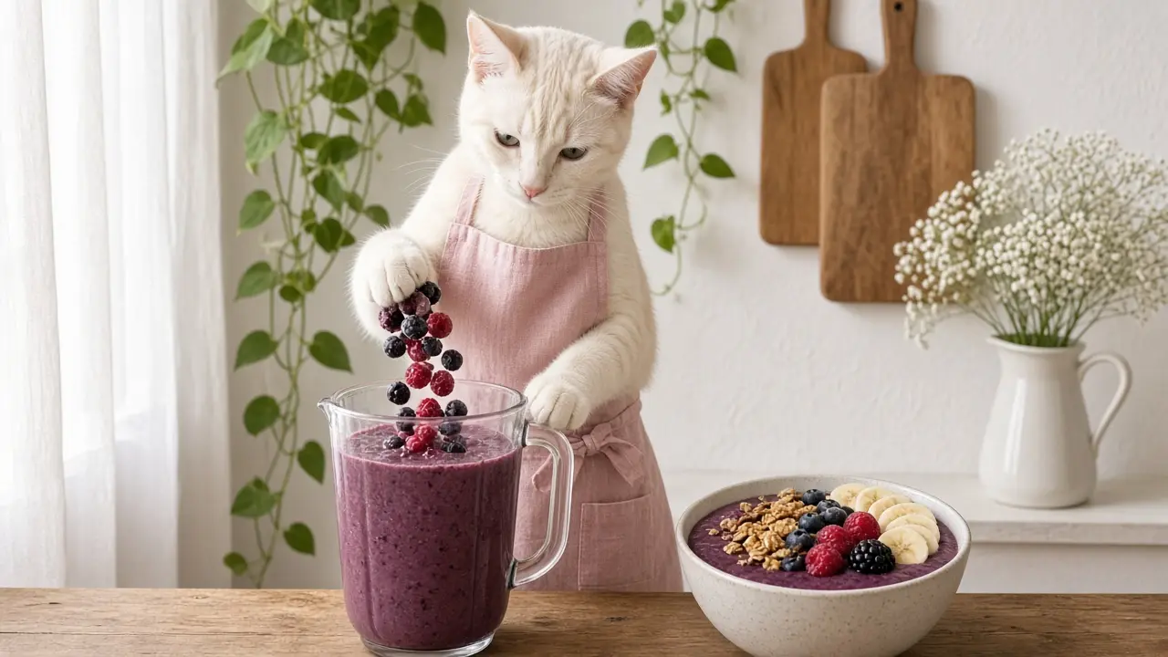 A cream-coloured cat in a pink apron, cooking this dish