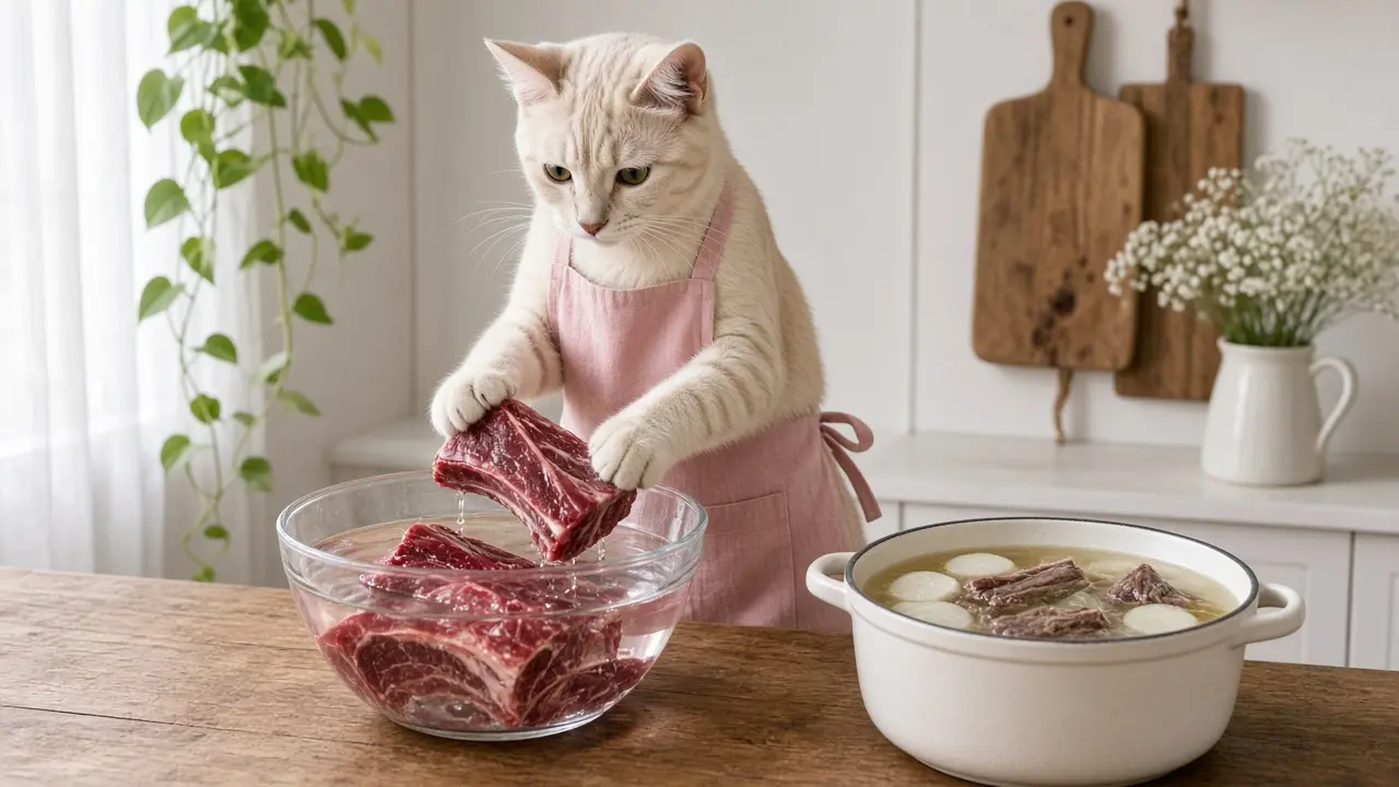 A cream-coloured cat in a pink apron, cooking this dish