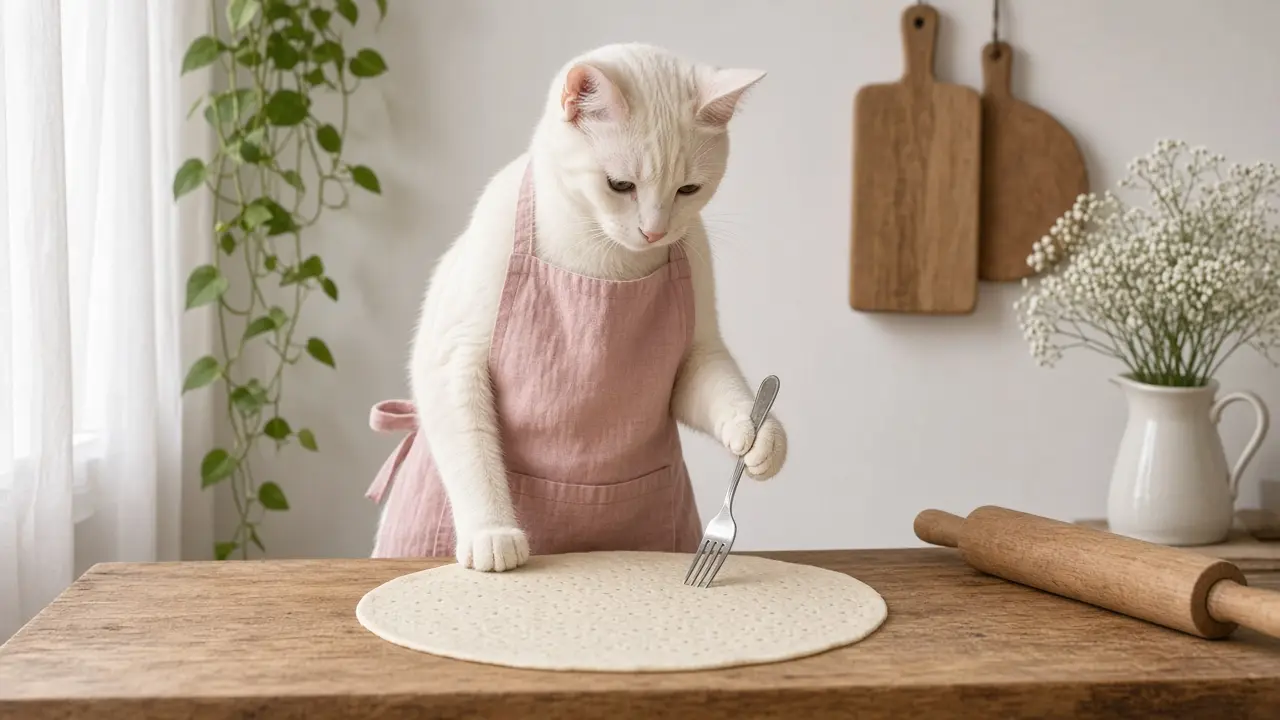 A cream-coloured cat in a pink apron, cooking this dish