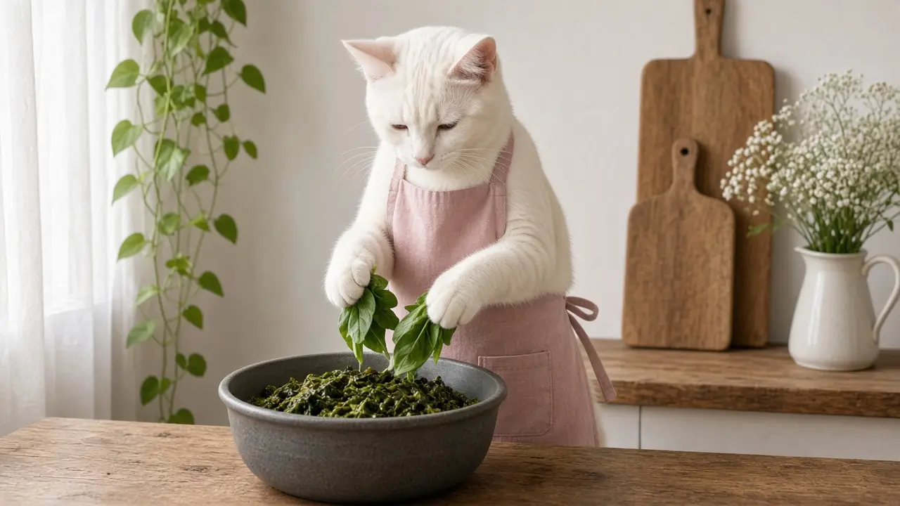 A cream-coloured cat in a pink apron, cooking this dish