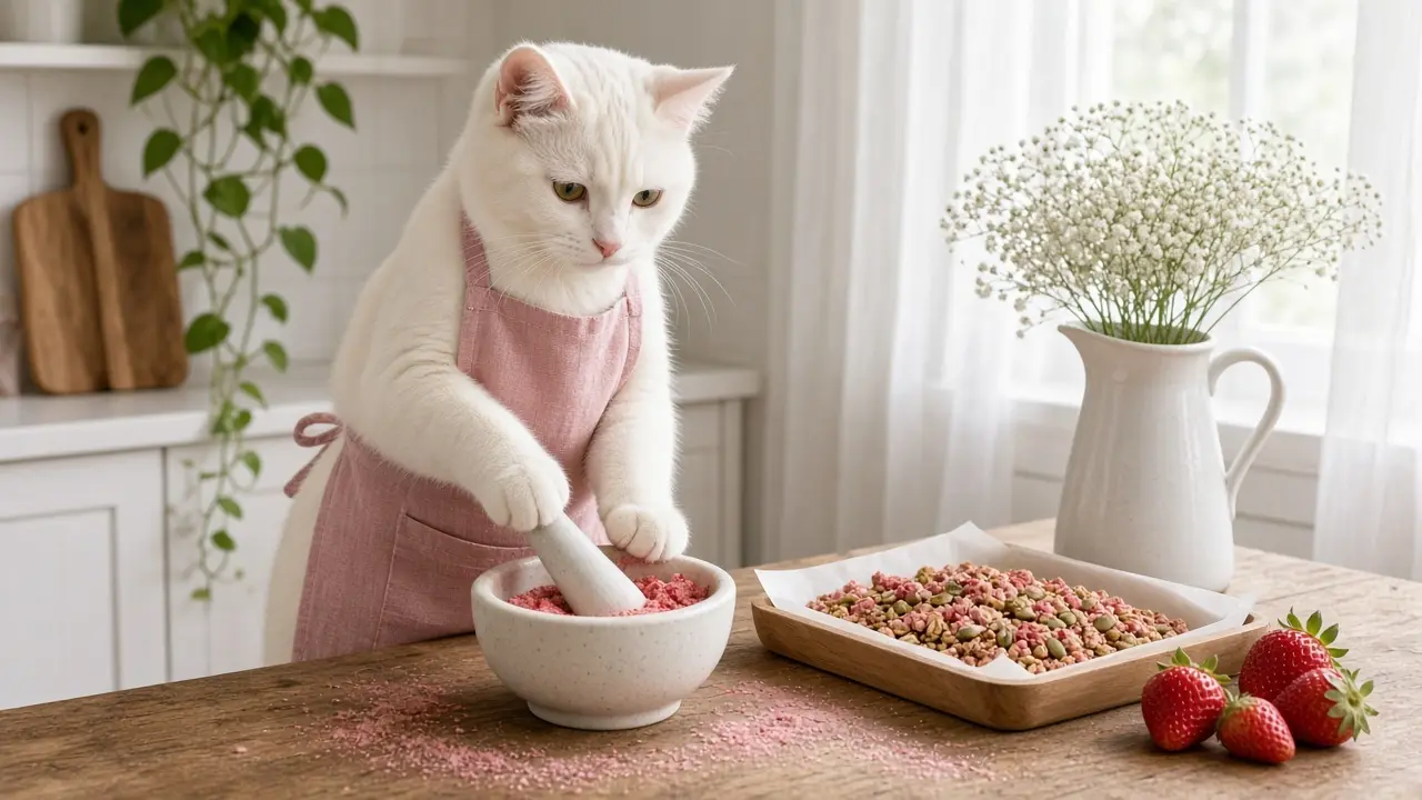 A cream-coloured cat in a pink apron, cooking this dish